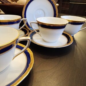 4 Sets Royal Worcester Aston England Vintage Blue Gold China Tea Cup Dish Saucer